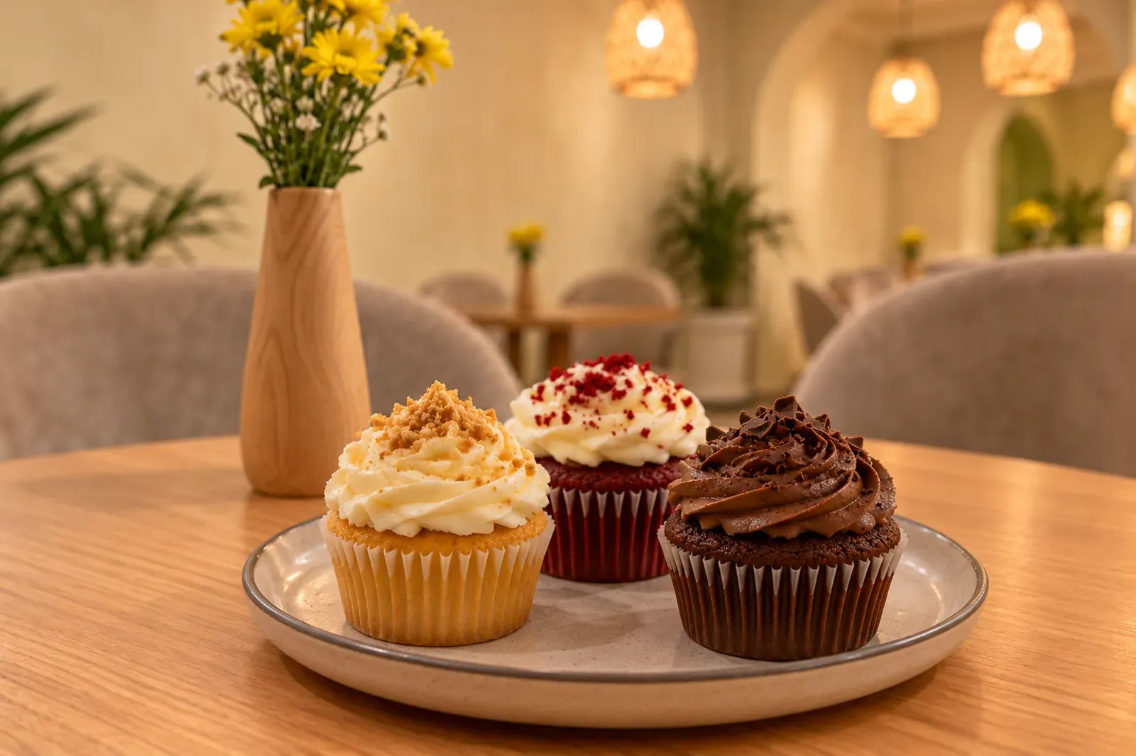 Tres cupcakes de vainilla, red velvet y chocolate sobre la mesa de roble