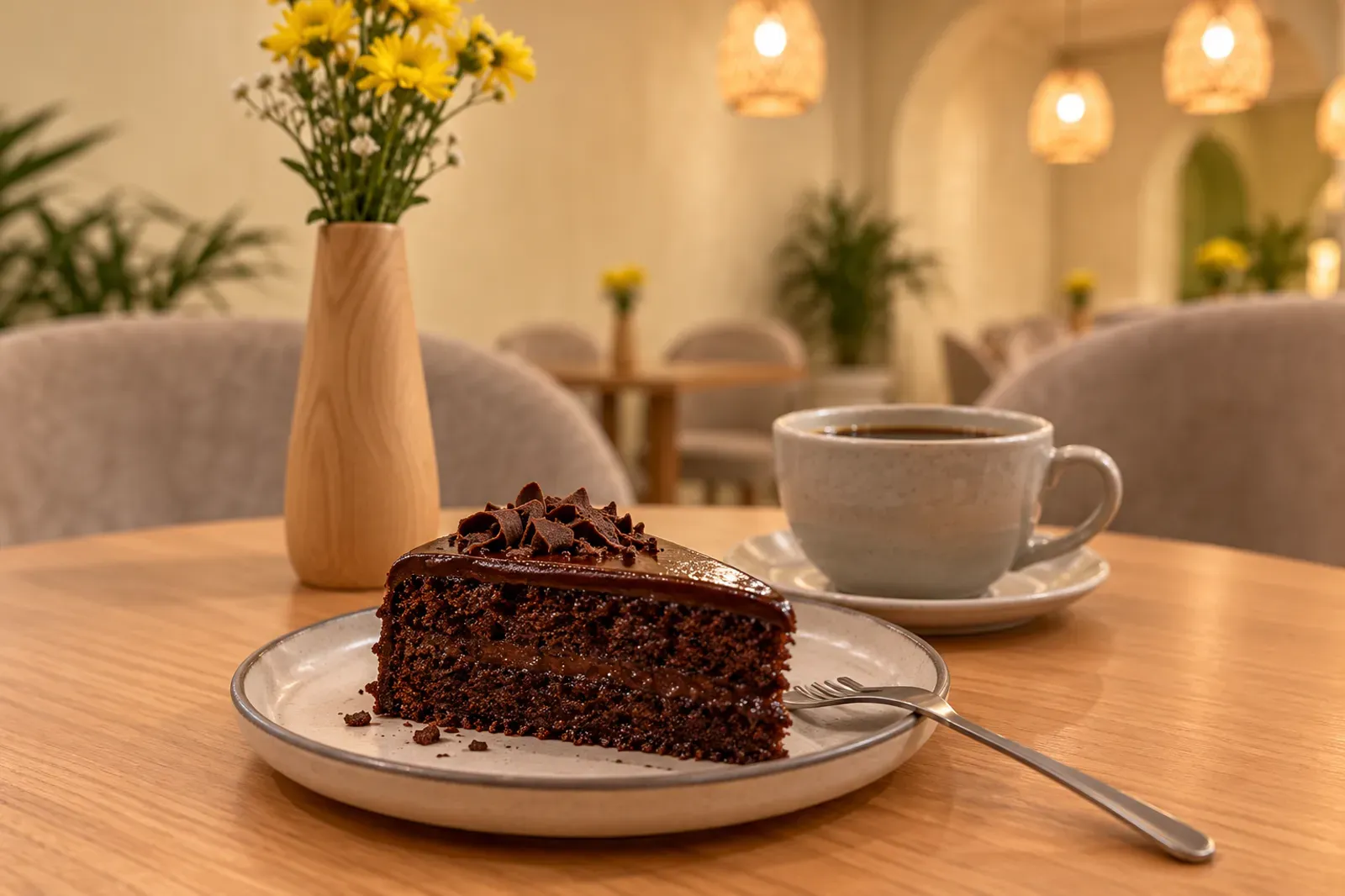 Porción de torta de chocolate con ganache y un café al fondo